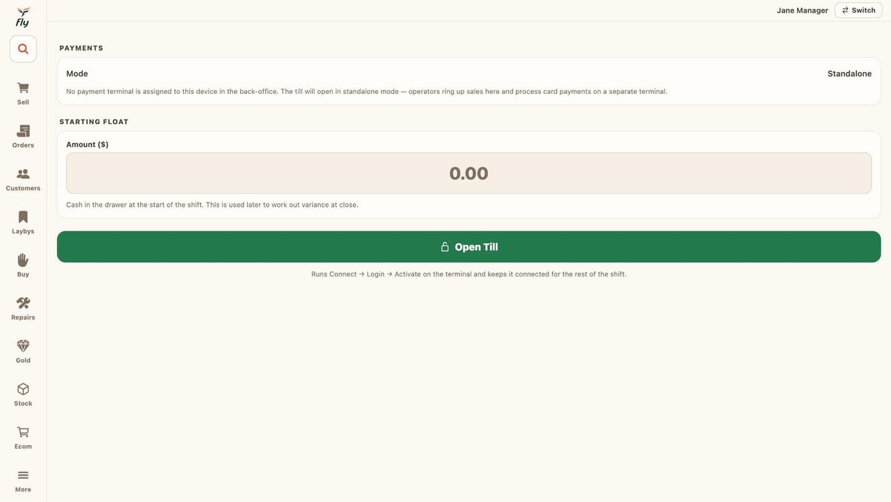 This will show you a page where you can open the till for the day.