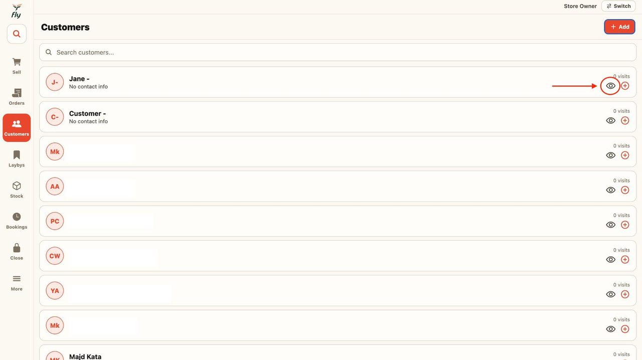 11. On the left side of the customer’s name, press the eye icon to view more details about the customer.