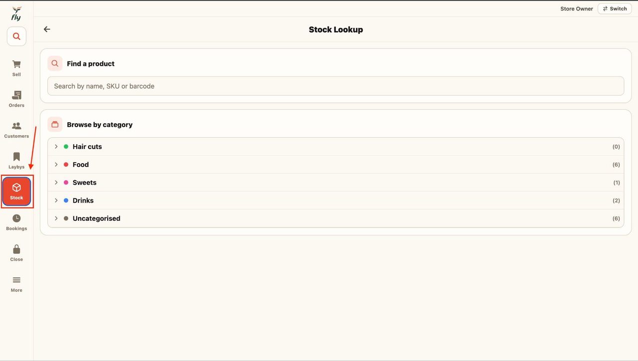 Locate and press the ‘Stock’ button in the sidebar.