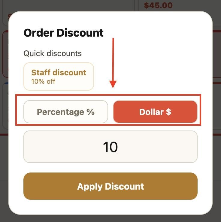 Pick whether it's a percentage discount or a dollar discount.