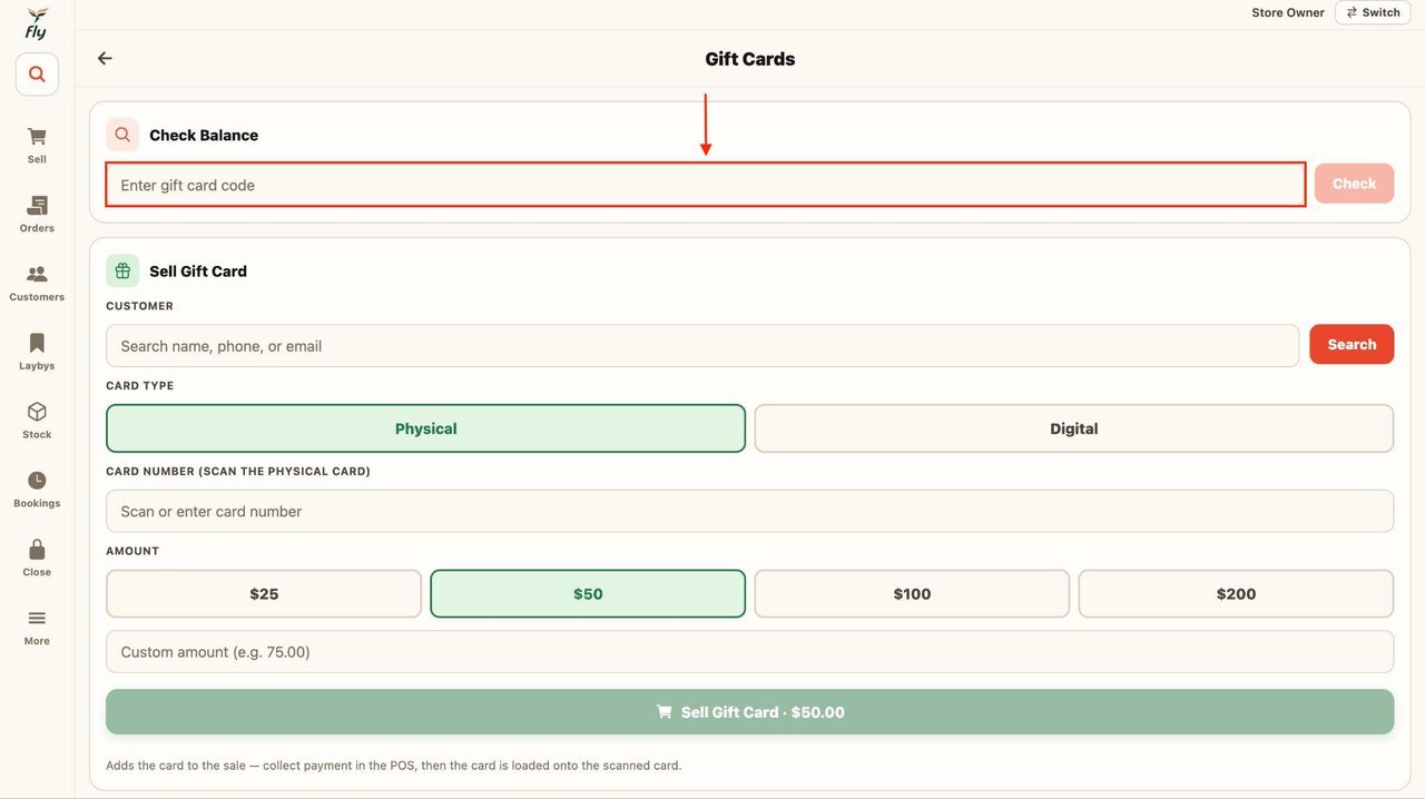 To check the balance of a gift card, simply use the top field and enter the gift card code.