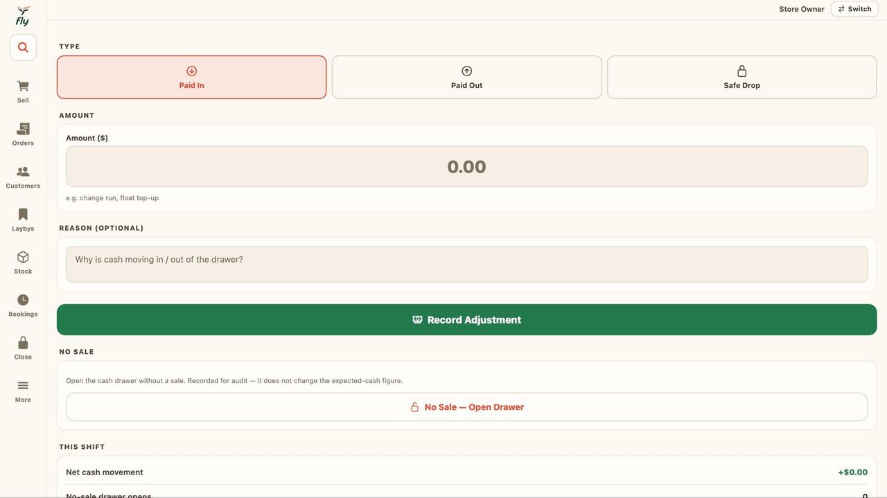 This allows you to make adjustments for the cash in the till.