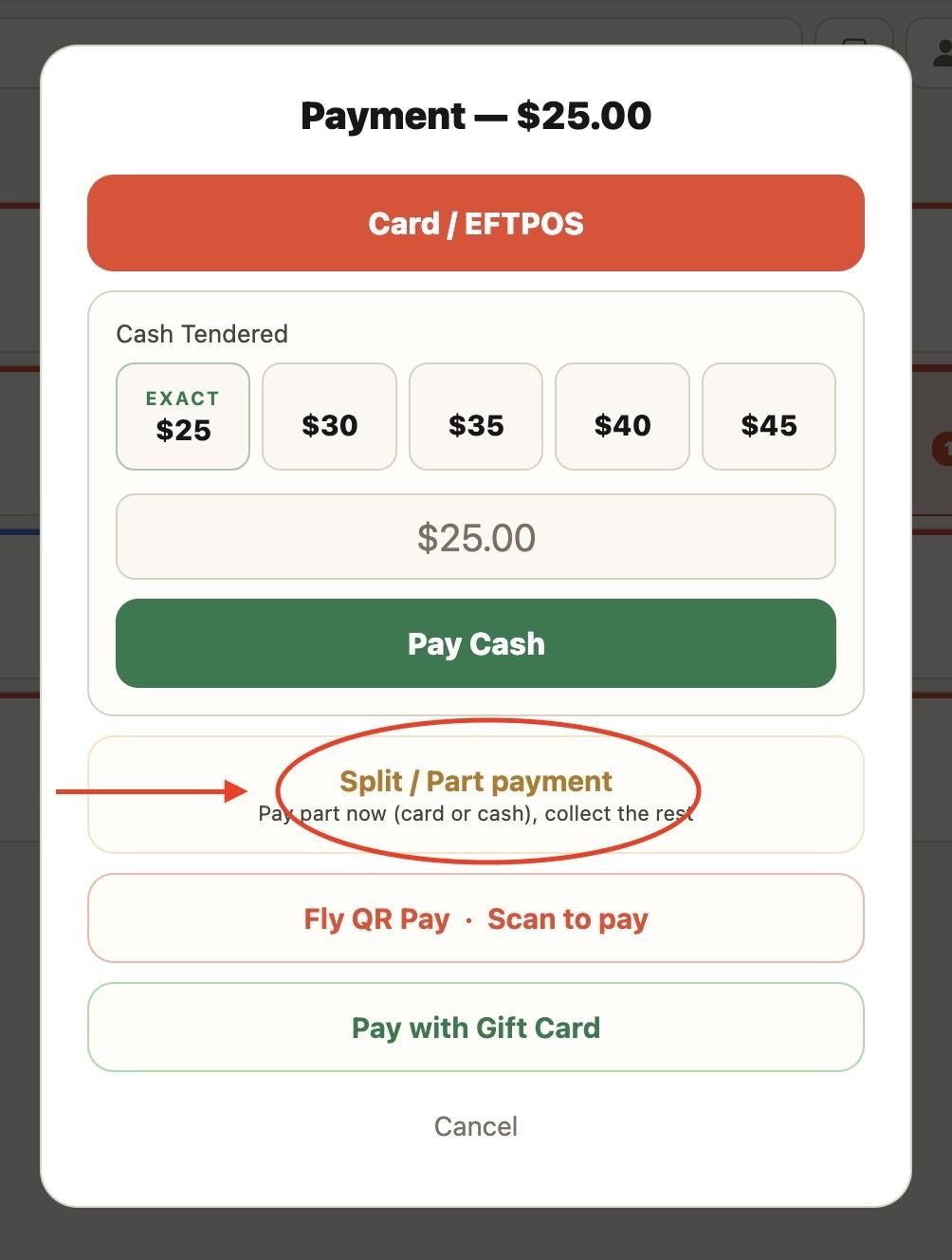 C. For split payments, select ‘Split/ Part payment’.