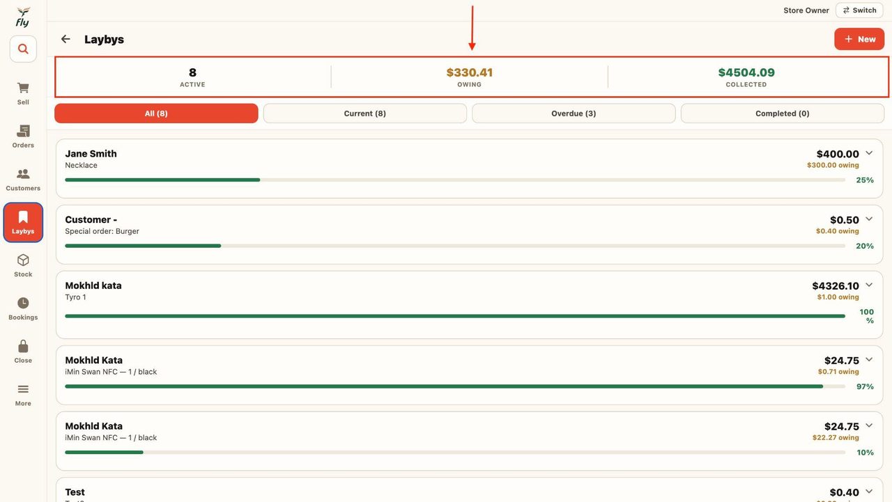 The top shows an overview of the active laybys, amount owing, and amount collected through laybys.