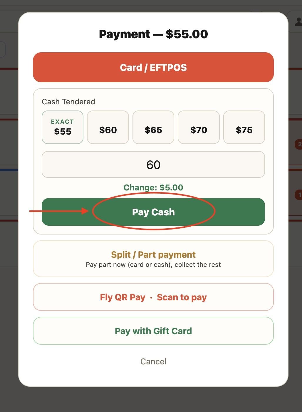 Press ‘Pay cash’.