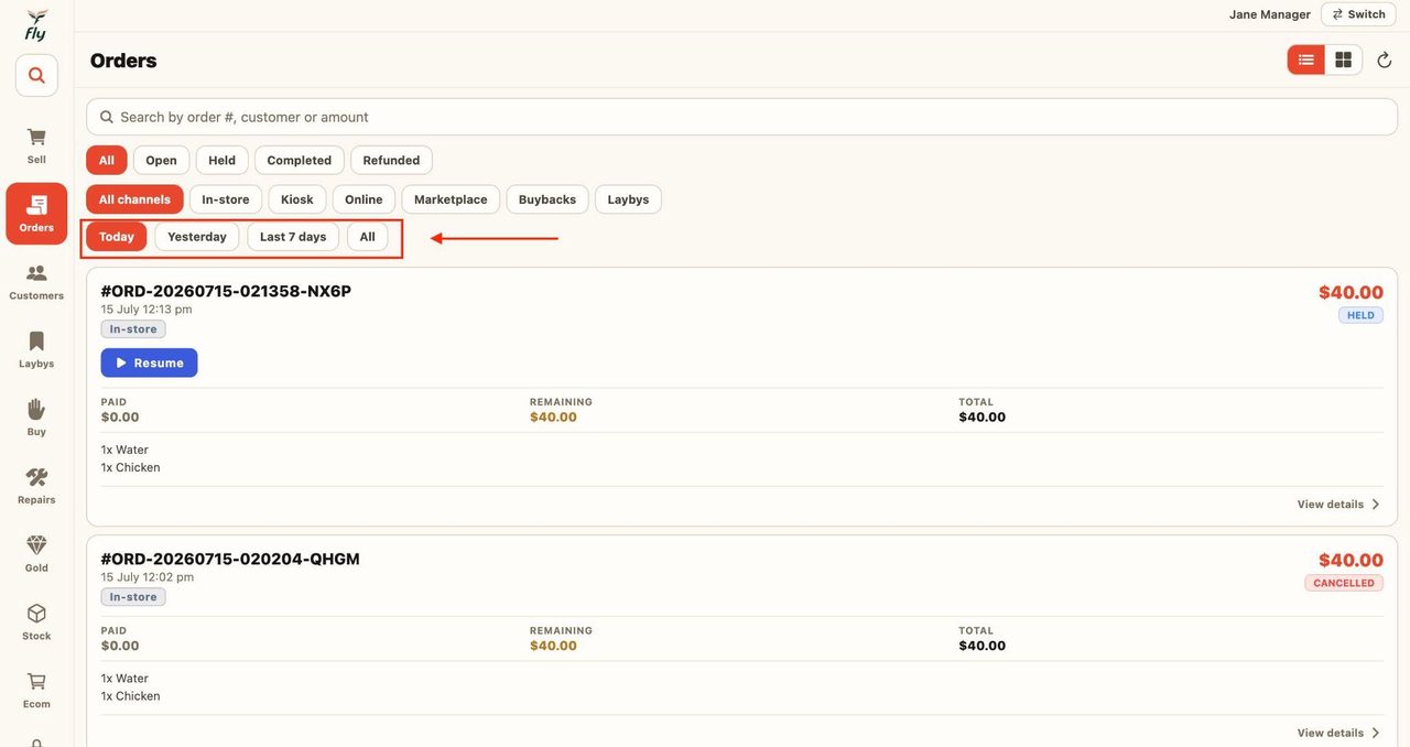 Use the third tab to filter through the time period of the orders.