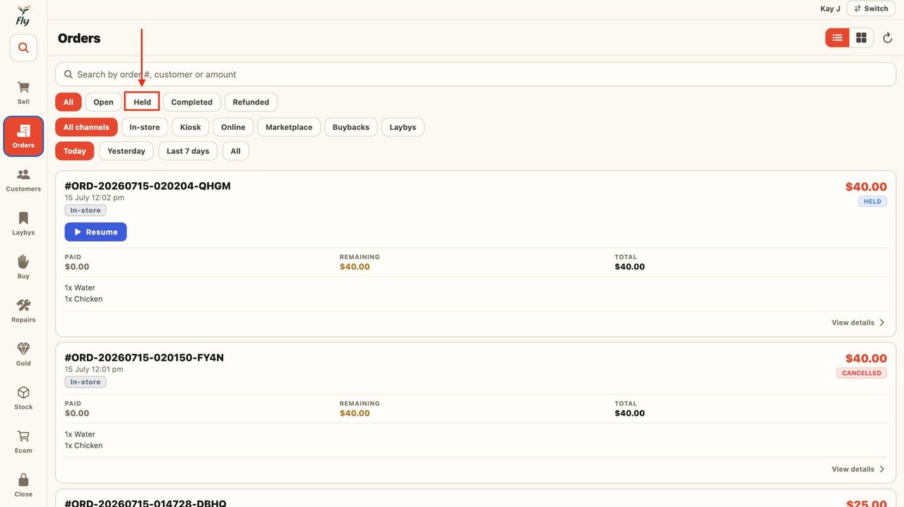 To easily filter through the orders, use the tabs at the top.