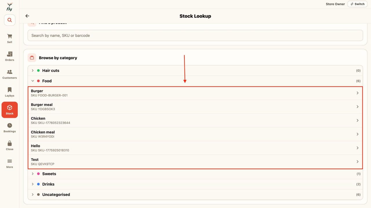 This will show the items in the category and their details.