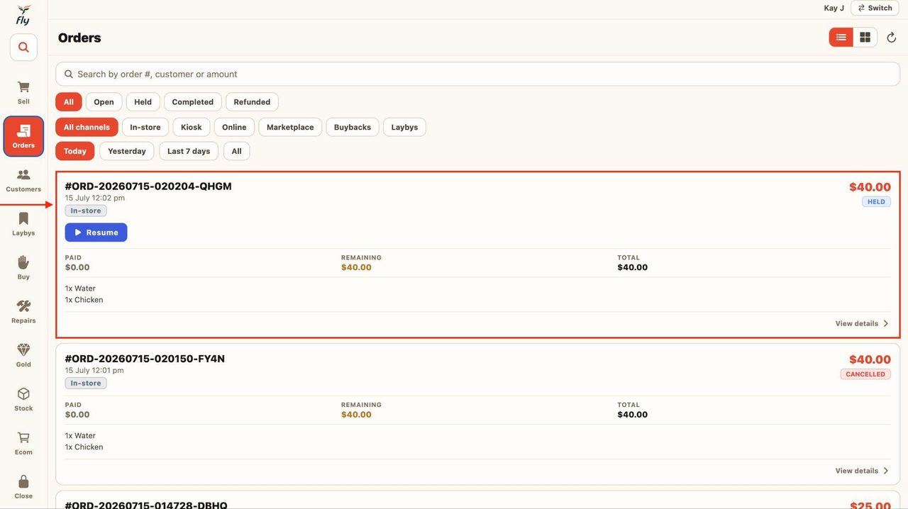 The latest orders will appear at the top.