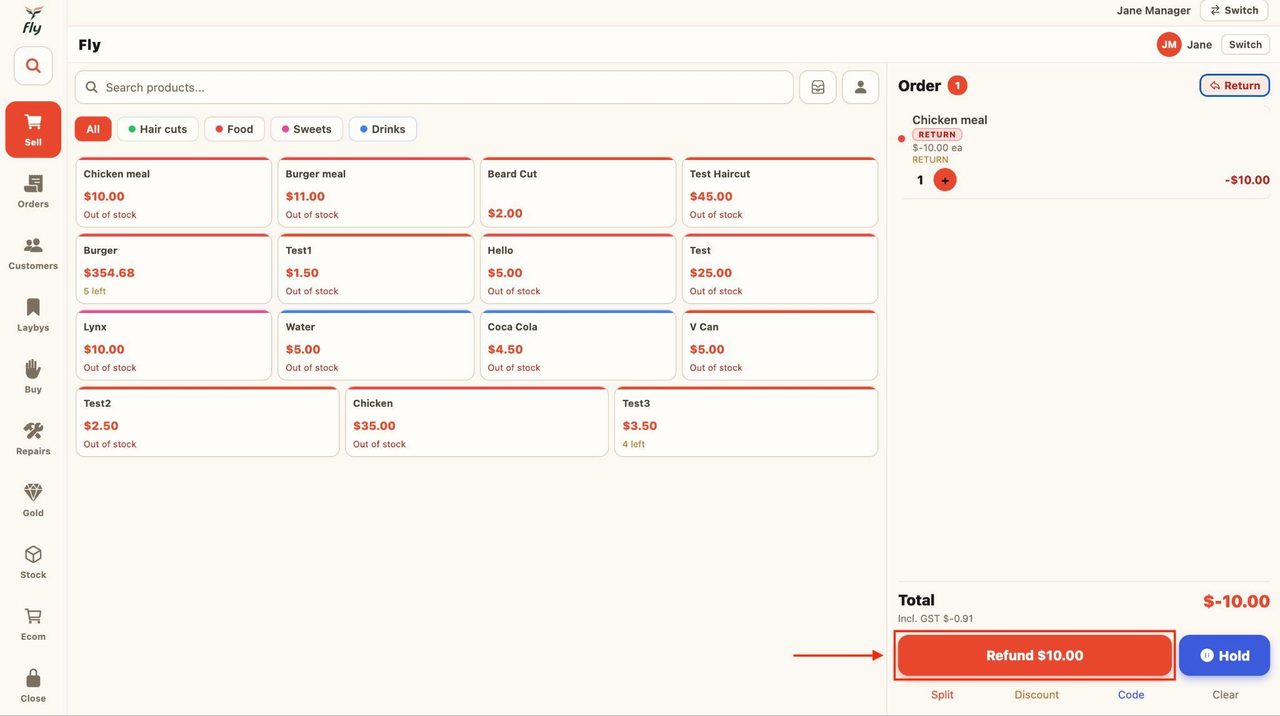 Pick as many items as needed to be returned, then press ‘refund’.