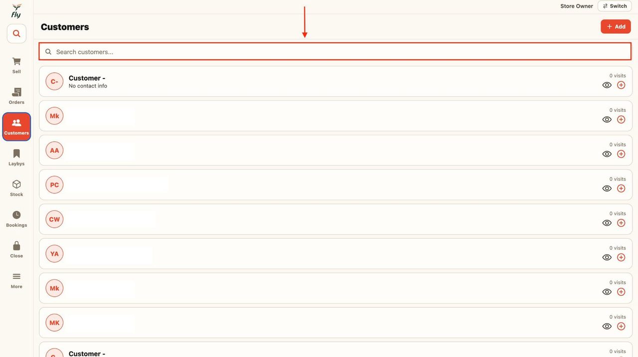 The search bar can be used to search for customers via name or email.