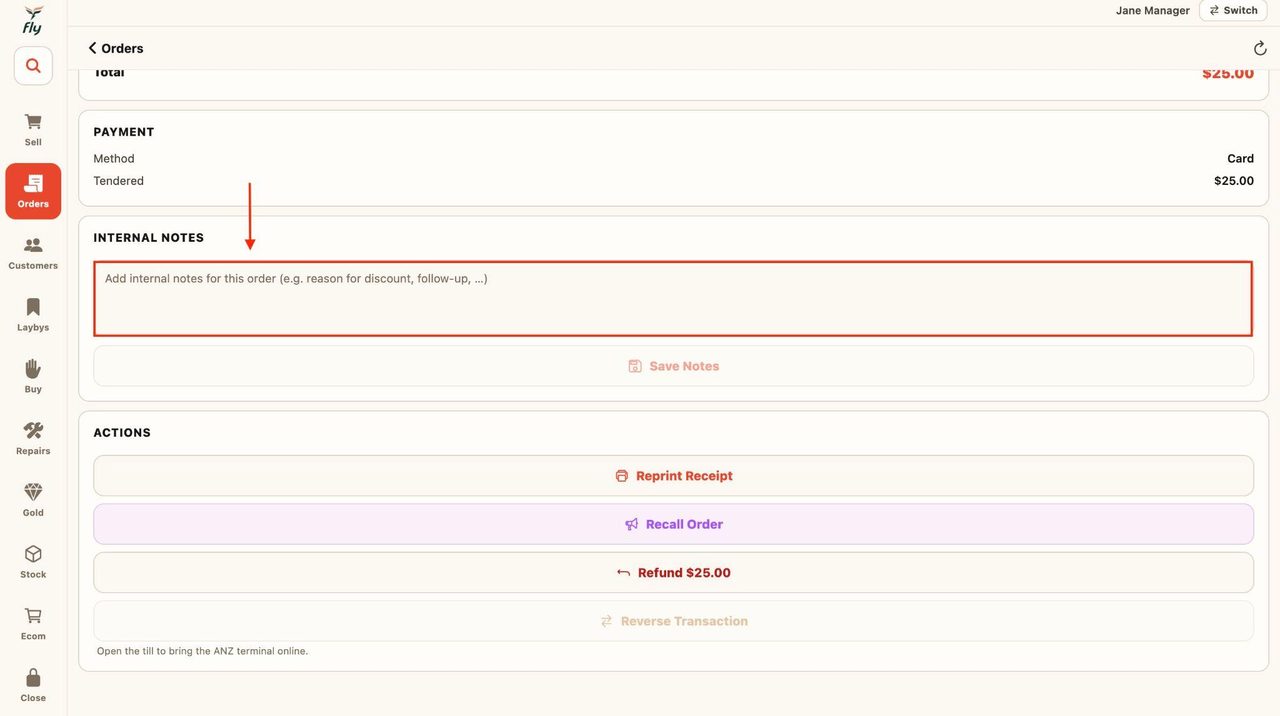 Additional notes about the order can be added in the section below.