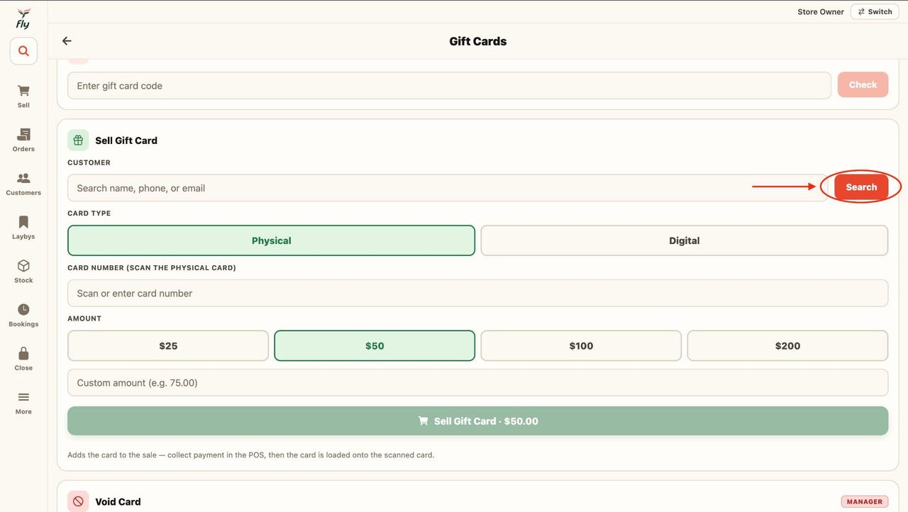 Start by selecting a customer. To do this, press ‘Search’.