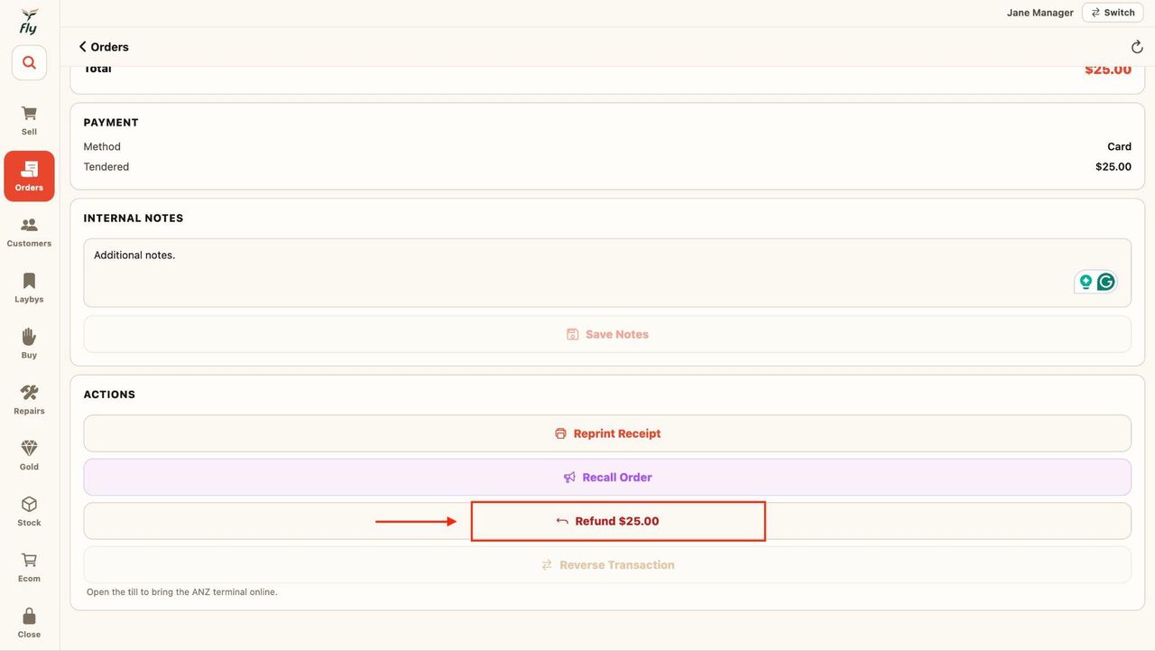 To refund an order, press on the ‘Refund’ button.