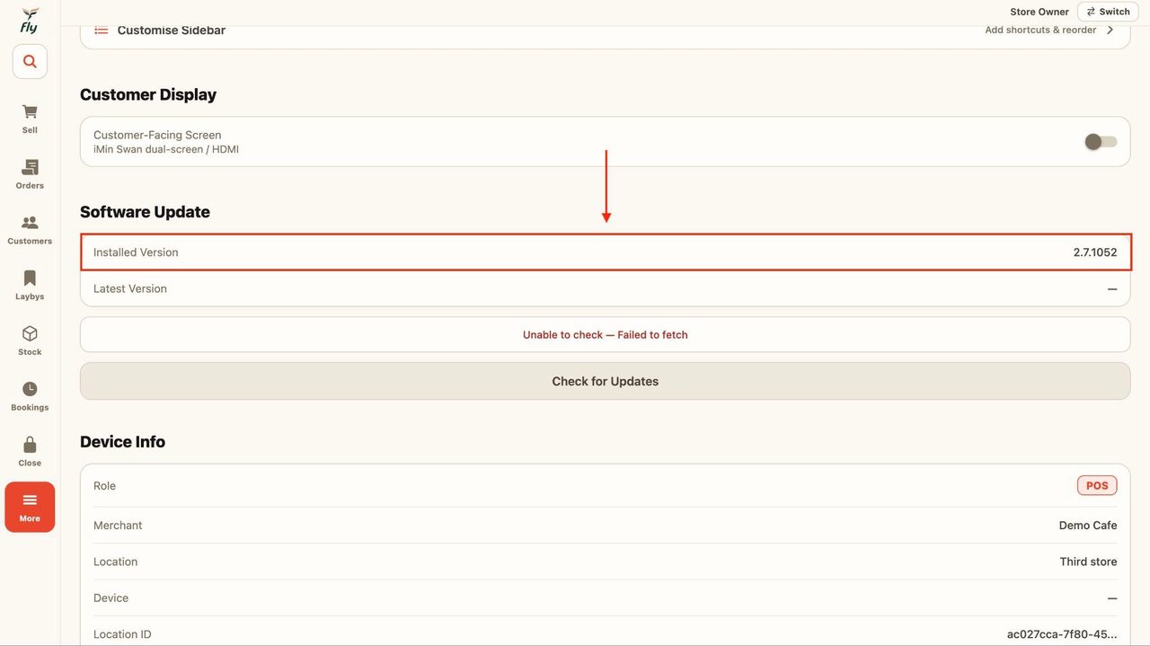 This will show the installed version of the POS.