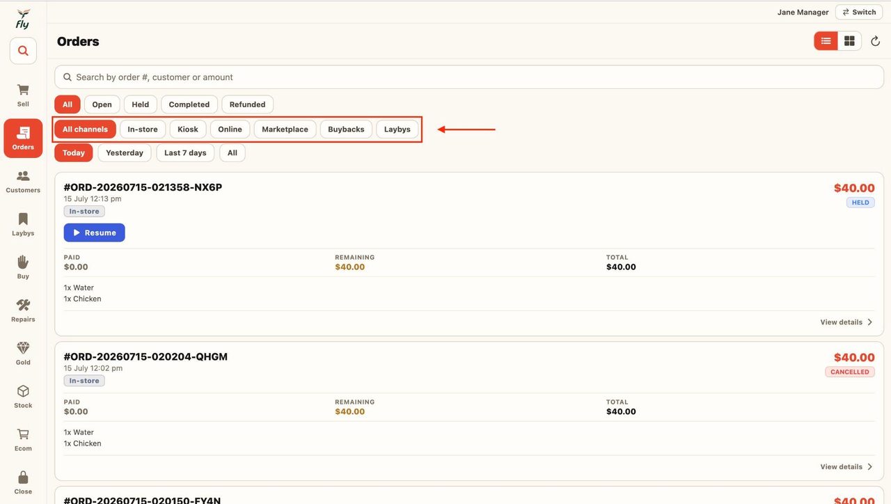 Use the second tab to filter through the channels in which the order was placed.