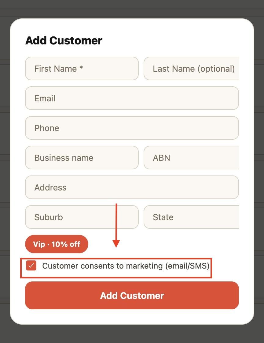 8. Tick the box at the bottom if the customer consents to receiving marketing emails and SMS.