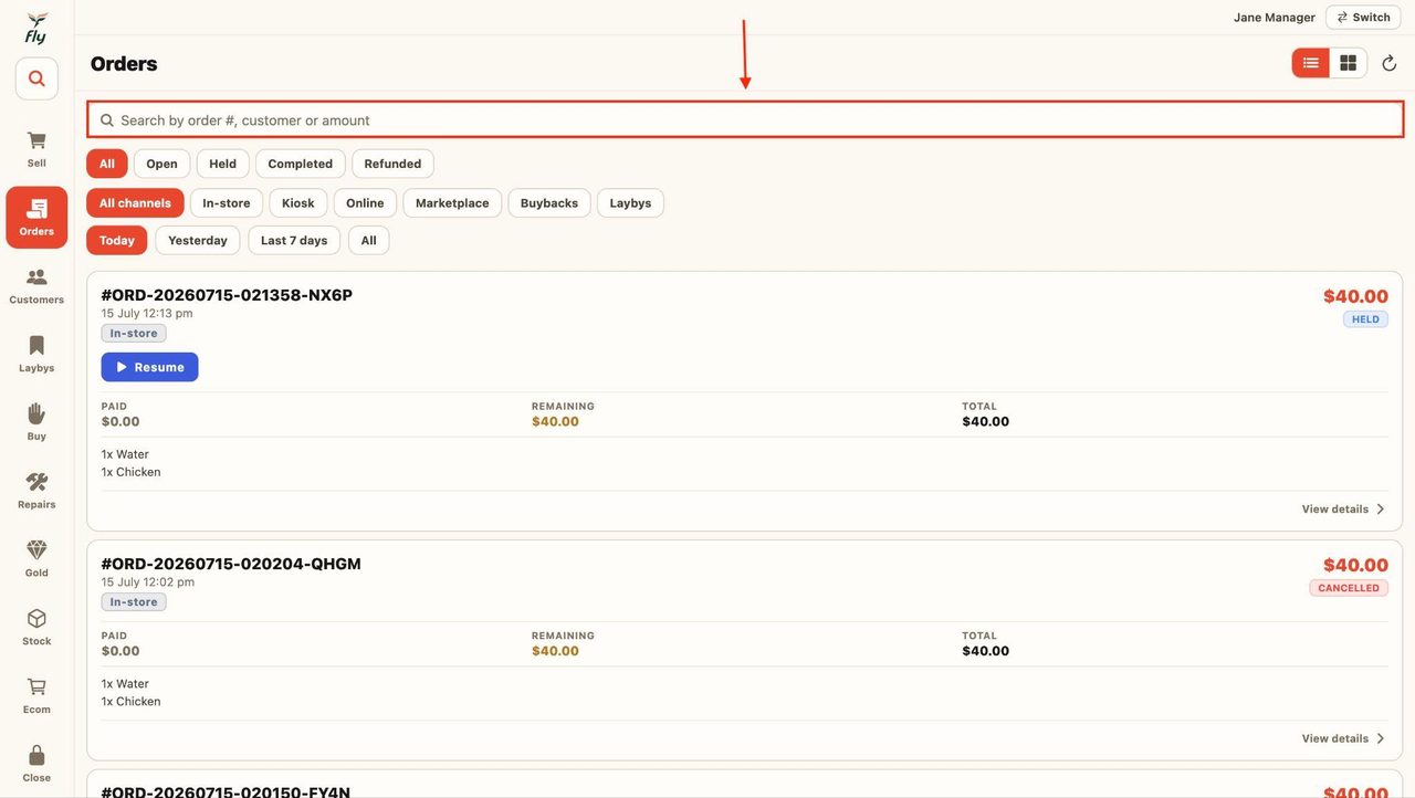 Use the search bar to search for an order by its number, customer name, or amount spent.