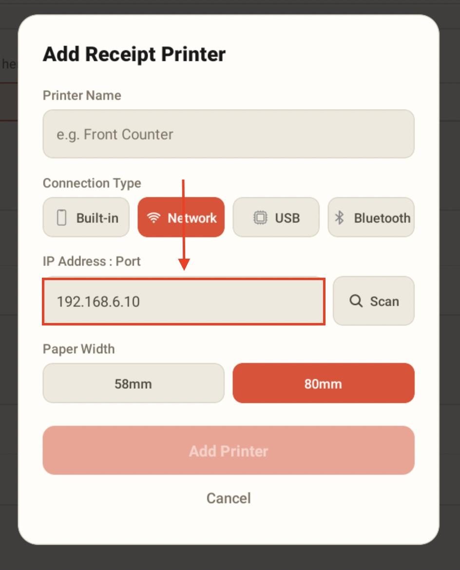 Enter the IP address and the port from the printer.
