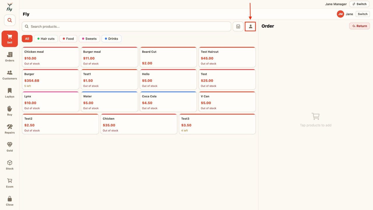 To select a customer who is making a purchase, press the icon at the top.