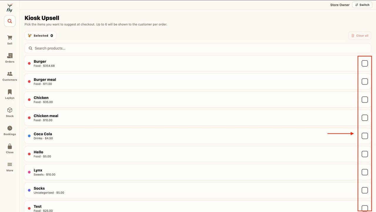 Select the items that you want to appear at the kiosk checkout by ticking the boxes.