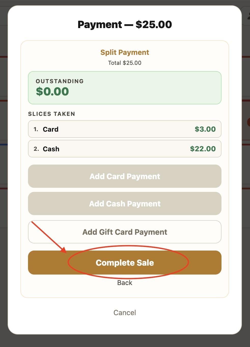 Once done, press ‘Complete sale’.