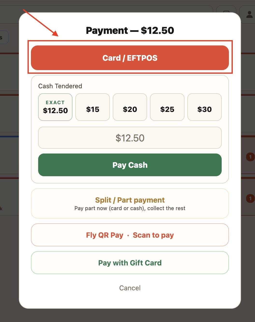 For card/Eftpos, pick the top button.