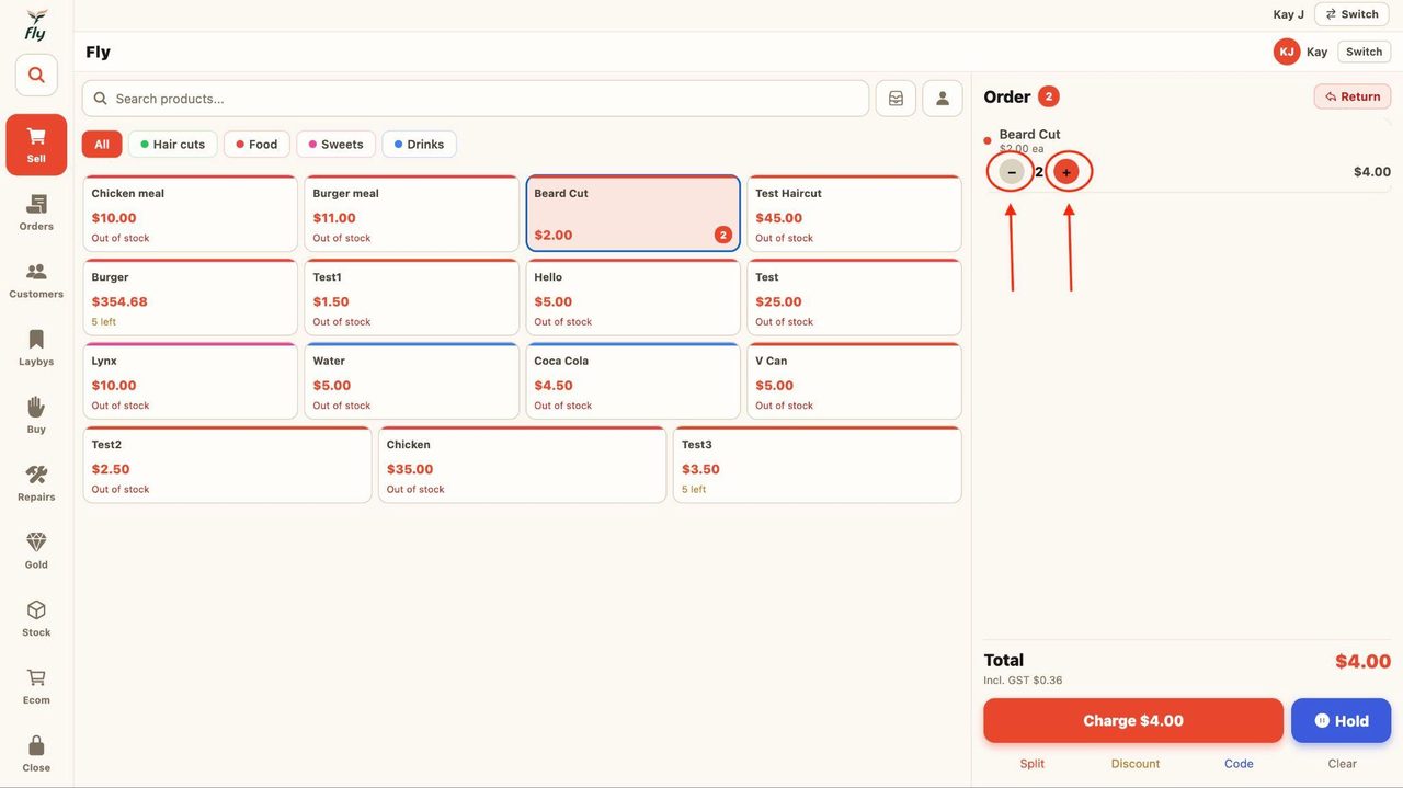 Use the plus ‘+’ and minus ‘-’ buttons near the item to increase of decrease the quantity.