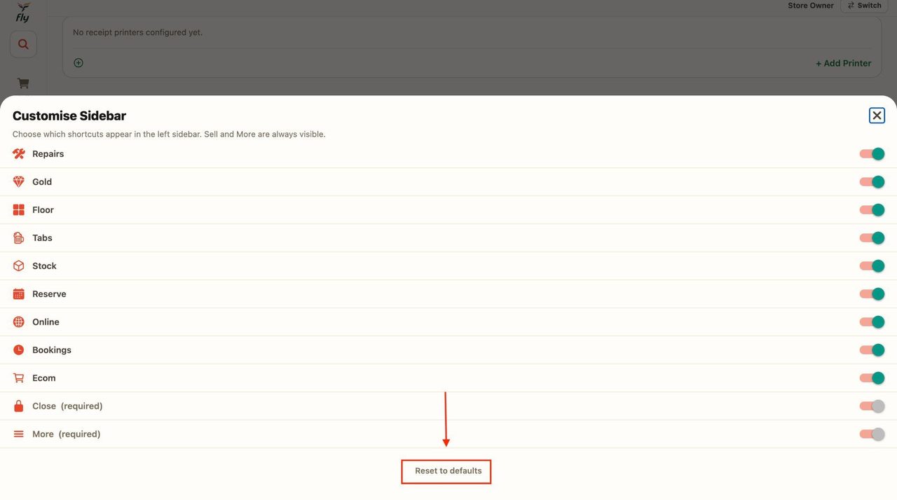 At the bottom, there is a button that resets all the tabs to default.