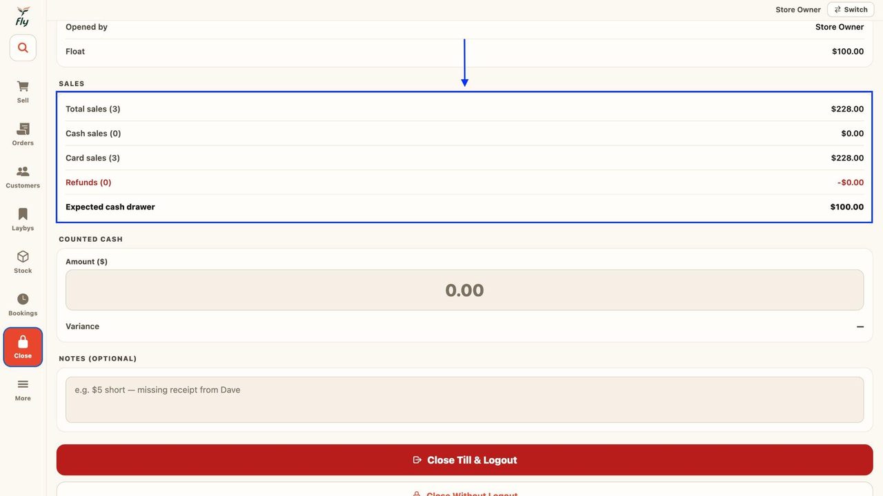 The sales summary for the day will also appear.