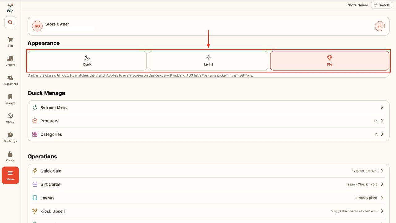 Select the desired appearance for the screen from the three options available.