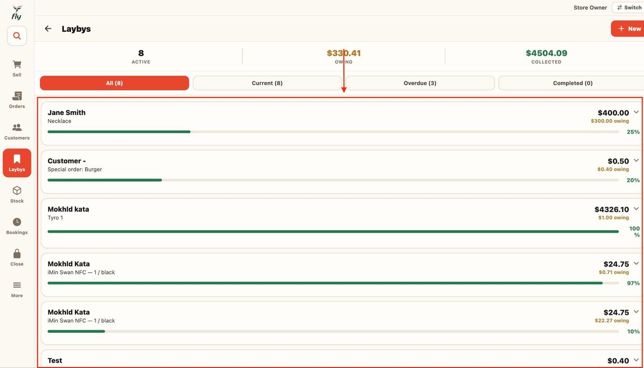All the customers with ongoing laybys can be viewed below.