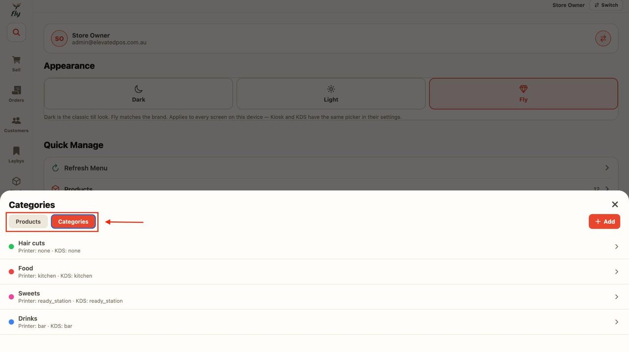 Use the top bar to switch between viewing the products and the categories.