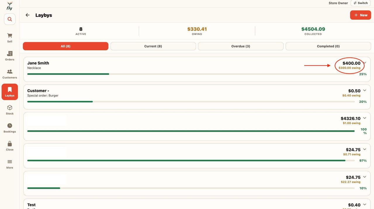 On the left, you can view the amount of the layby and how much is still owing.