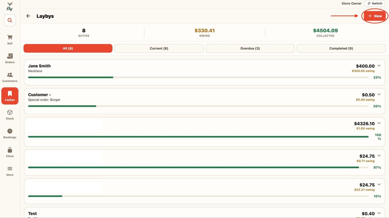 To start a new layby, press the ‘New’ button in the top right corner.