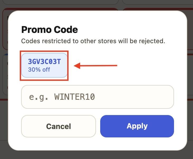 Promo codes that have been created in the dashboard will appear and can be easily selected.