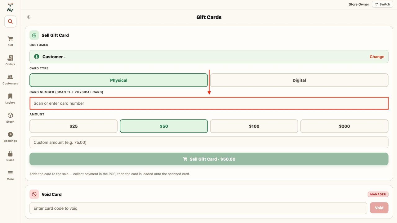 If the gift card is physical, enter the card number in the space below by scanning it.