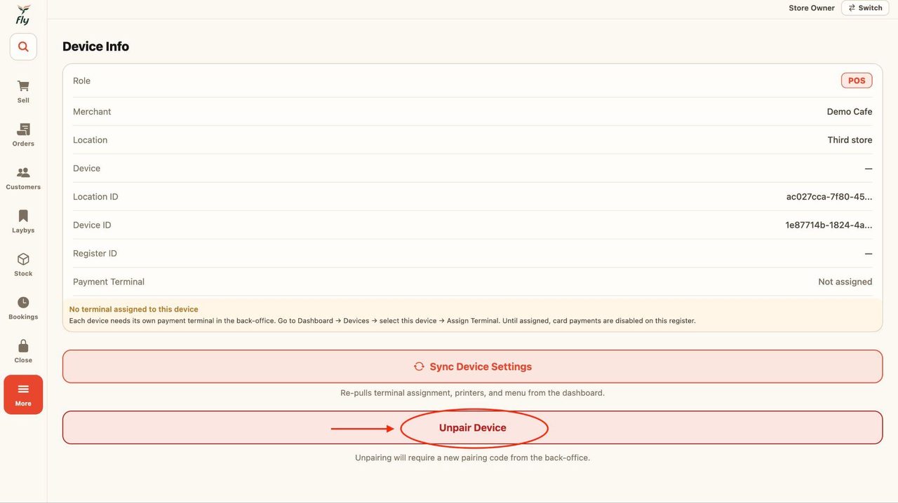 This button disconnects the POS from the account and takes you back to the sign-in page where you would need to enter a pair code.
