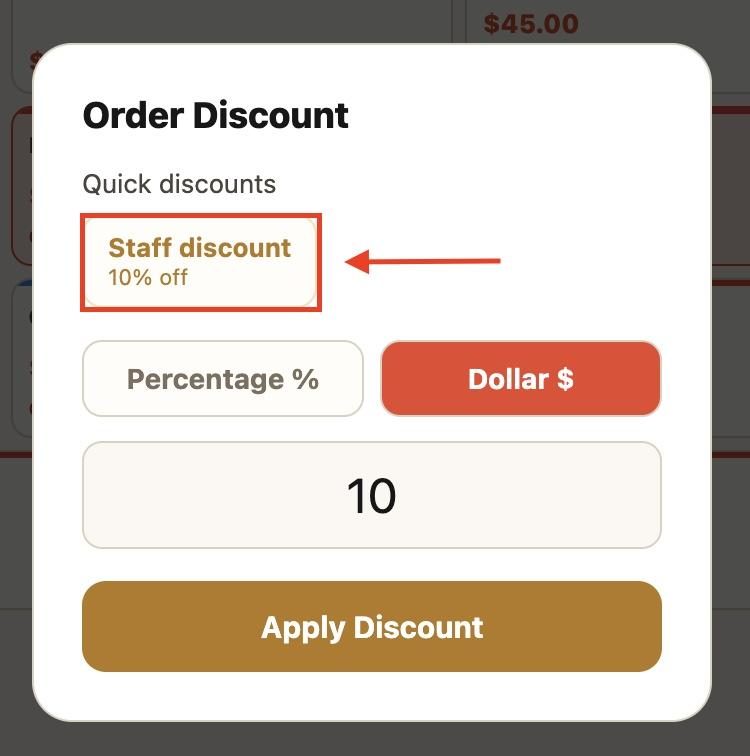 Based on discounts in the settings, you can simply pick the saved discount by clicking on it.