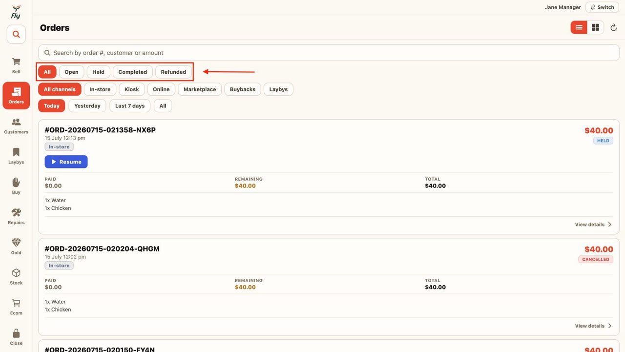 Use the tabs to filter through the orders’ current state.